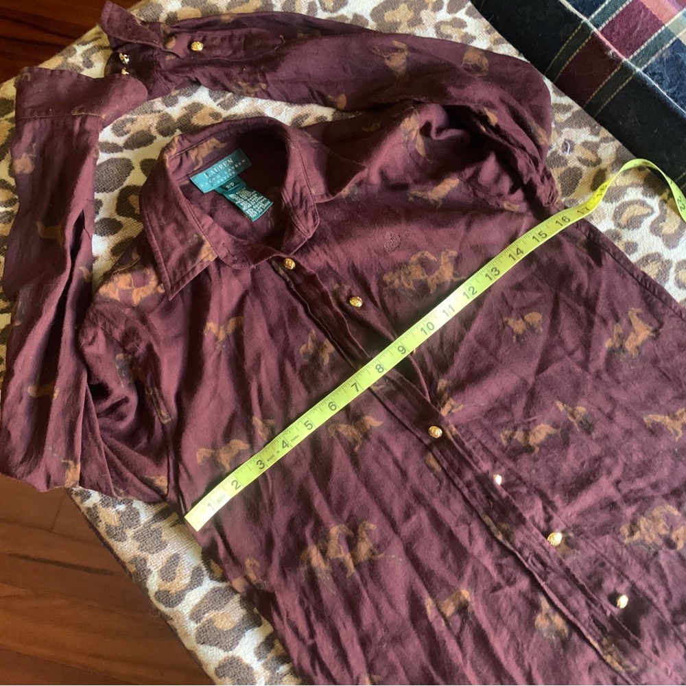 LAUREN RALPH LAUREN horse riding equestrian print burgundy buttons shirt top S - Picture 3 of 7